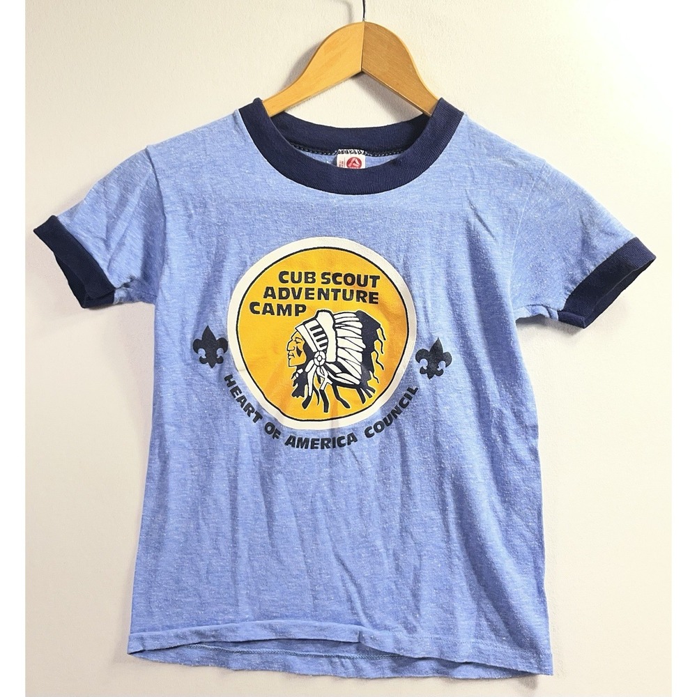 VTG Cub Scout Adventure Camp T Shirt 10/12 Kids Artex Jostens USA Made Ringer